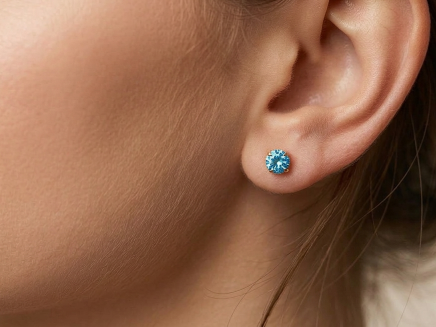 Blue Crystal Stud Earrings for Women | Round Aqua Stone Stud Earrings | Rose Gold Plated Elegant Earrings | Minimal Party Wear Jewellery - Image 5
