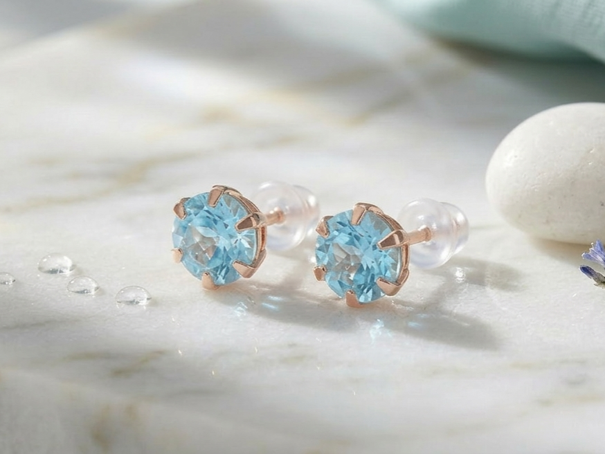 Blue Crystal Stud Earrings for Women | Round Aqua Stone Stud Earrings | Rose Gold Plated Elegant Earrings | Minimal Party Wear Jewellery - Image 2