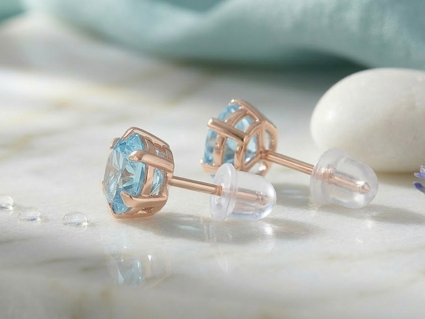Blue Crystal Stud Earrings for Women | Round Aqua Stone Stud Earrings | Rose Gold Plated Elegant Earrings | Minimal Party Wear Jewellery - Image 3