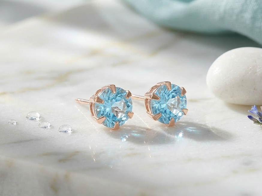 Blue Crystal Stud Earrings for Women | Round Aqua Stone Stud Earrings | Rose Gold Plated Elegant Earrings | Minimal Party Wear Jewellery - Image 4