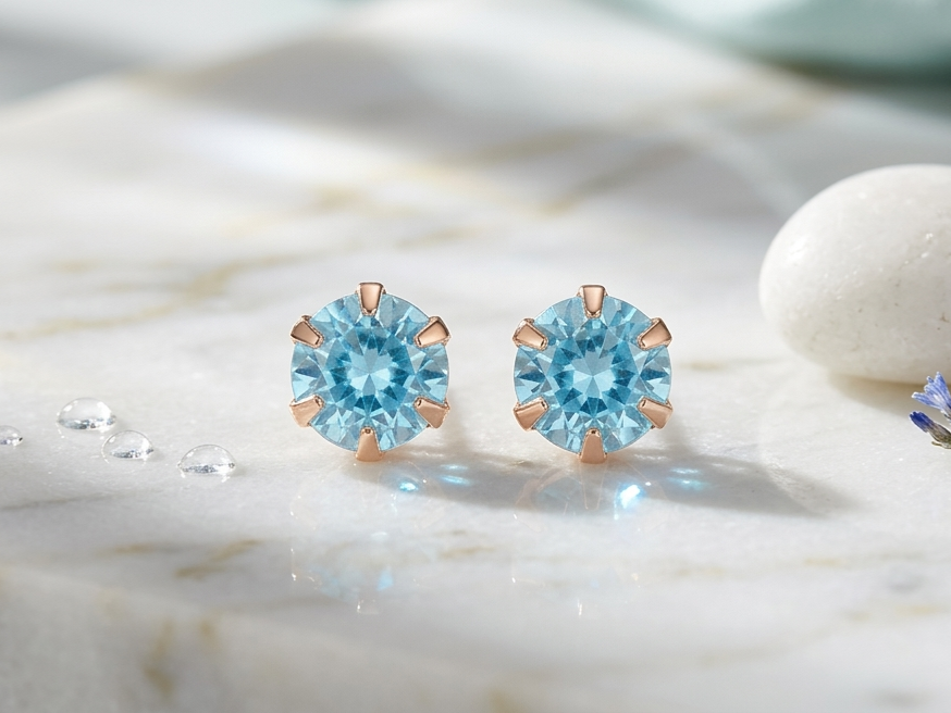 Blue Crystal Stud Earrings for Women | Round Aqua Stone Stud Earrings | Rose Gold Plated Elegant Earrings | Minimal Party Wear Jewellery