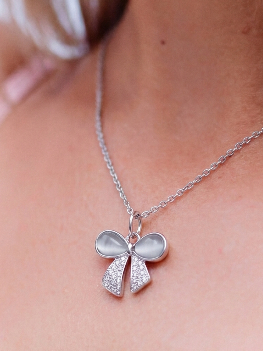Silver Bow Pendant Necklace Korean Jewellery for Women - Moon Beauty