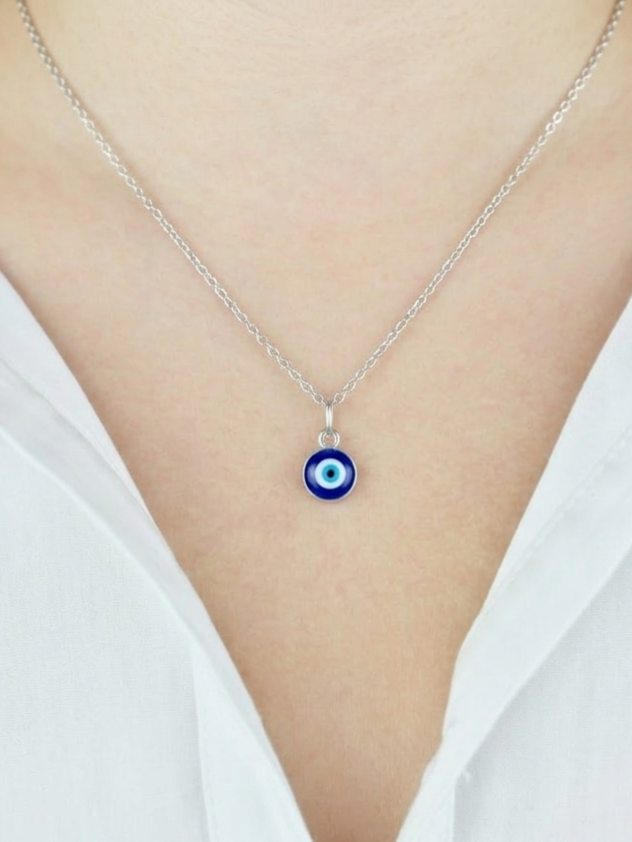 Blue Nazar Protection Necklace | Silver Chain Minimal Lucky Charm Jewelry | Daily Wear Fashion Necklace